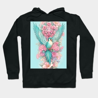 Teal bird with pink flowers Hoodie